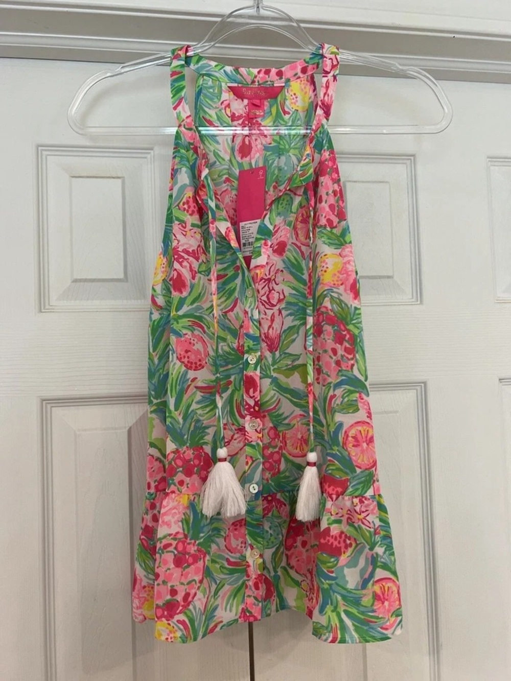 Lilly Pulitzer Pink Green Floral Tank Top with Tassels